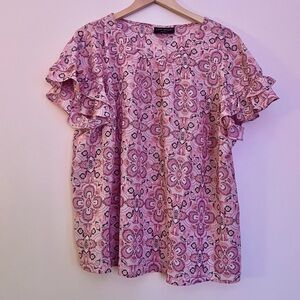 Lane Bryant Pink Floral Boho Blouse Ruffle Sleeve Size 18 Plus Lightweight Top